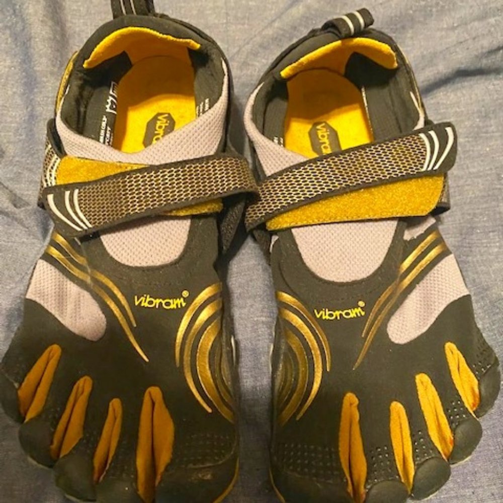 Vibram 5 toe running shoes.  The strangest shoes I have, but they are really fun